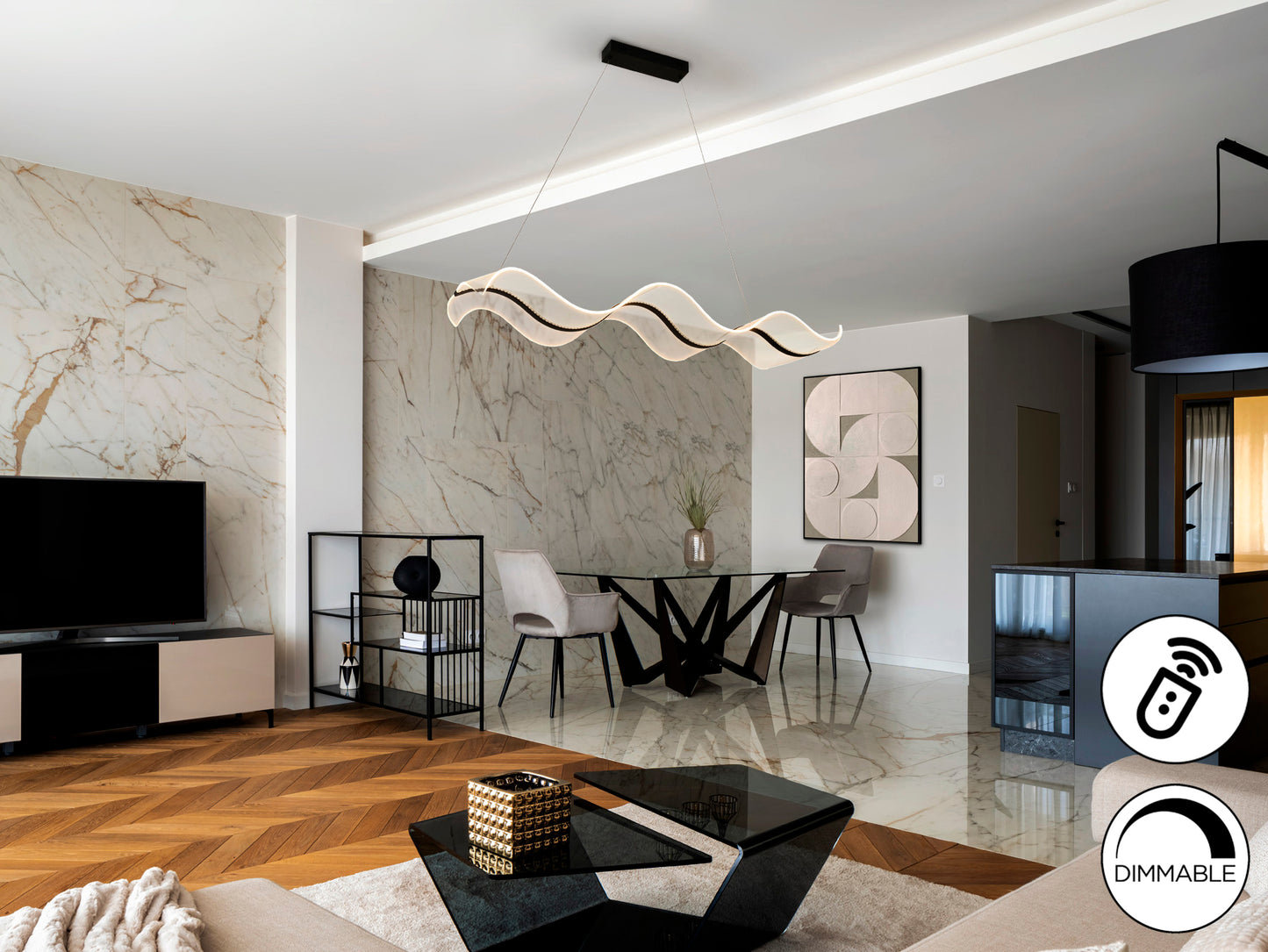 Lámpara de techo moderna Olas Negra Schuller, diseño en metacrilato y metal, con luces LED dimmables y regulable en altura, ideal para comedor o salón.