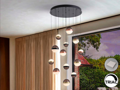 Lámpara de techo Orbes 13L en negro, cobre y latón de Schuller, LED dimmable, diseño moderno para salón.