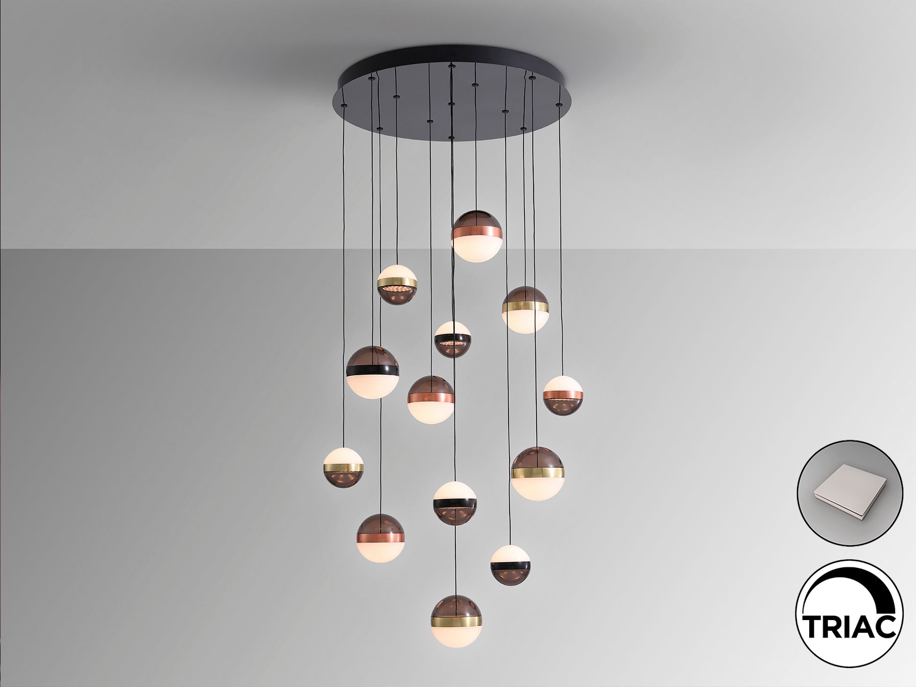 Lámpara de Techo Orbes 13L en Negro, Cobre y Latón de Schuller, con luces LED dimmables, diseño moderno para salón.