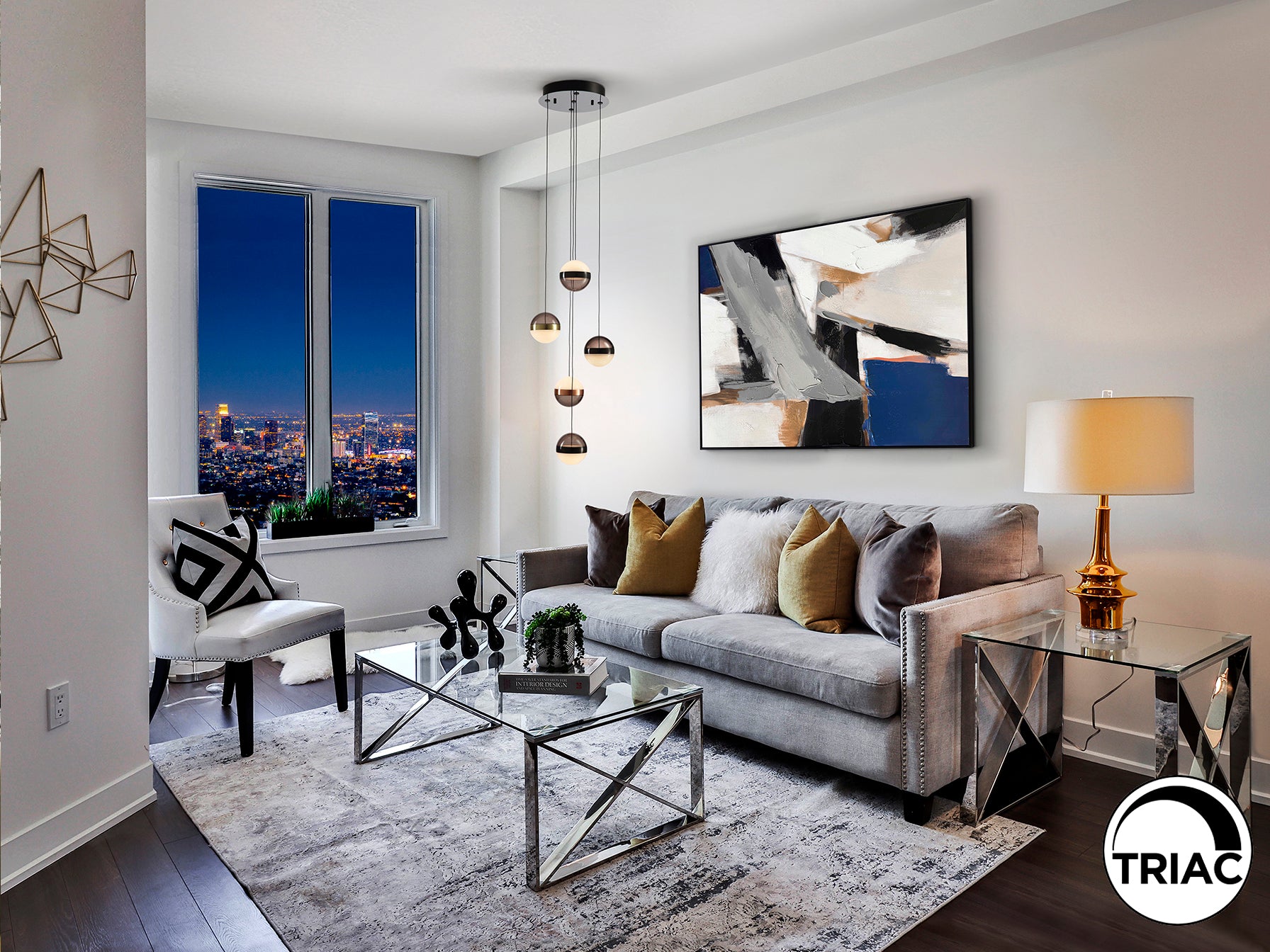 Lámpara de techo Orbes con 5 luces LED, negro y cobre, diseño moderno industrial de Schuller, ideal para comedor o salón.