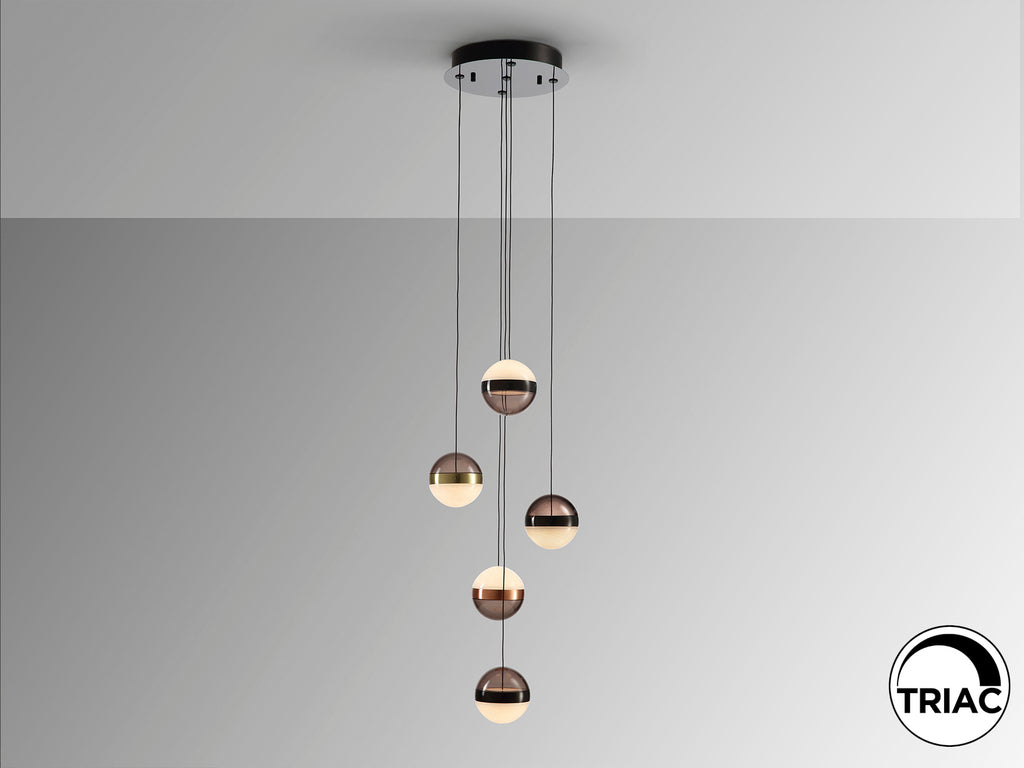 Lámpara de techo Orbes 5 luces negro y cobre, diseño moderno industrial LED dimmable de Schuller.