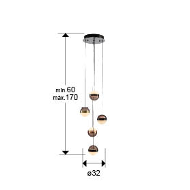 Medidas de Lámpara de Techo Orbes 5 Luces Negro Cobre Schuller, diseño moderno industrial LED dimmable para comedor y salón.