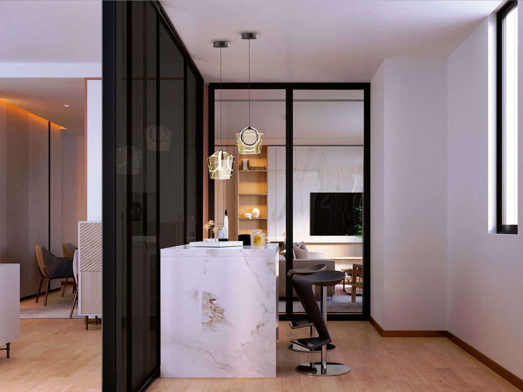 Lámpara colgante Ingrid de Schuller en bronce oscuro y champán con iluminación LED, diseño moderno para salón.