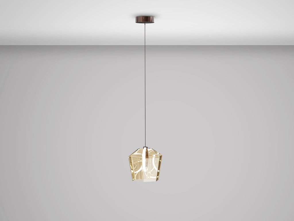 Lámpara colgante Ingrid en bronce oscuro y champán de Schuller con iluminación LED, cristal y diseño moderno para salón.