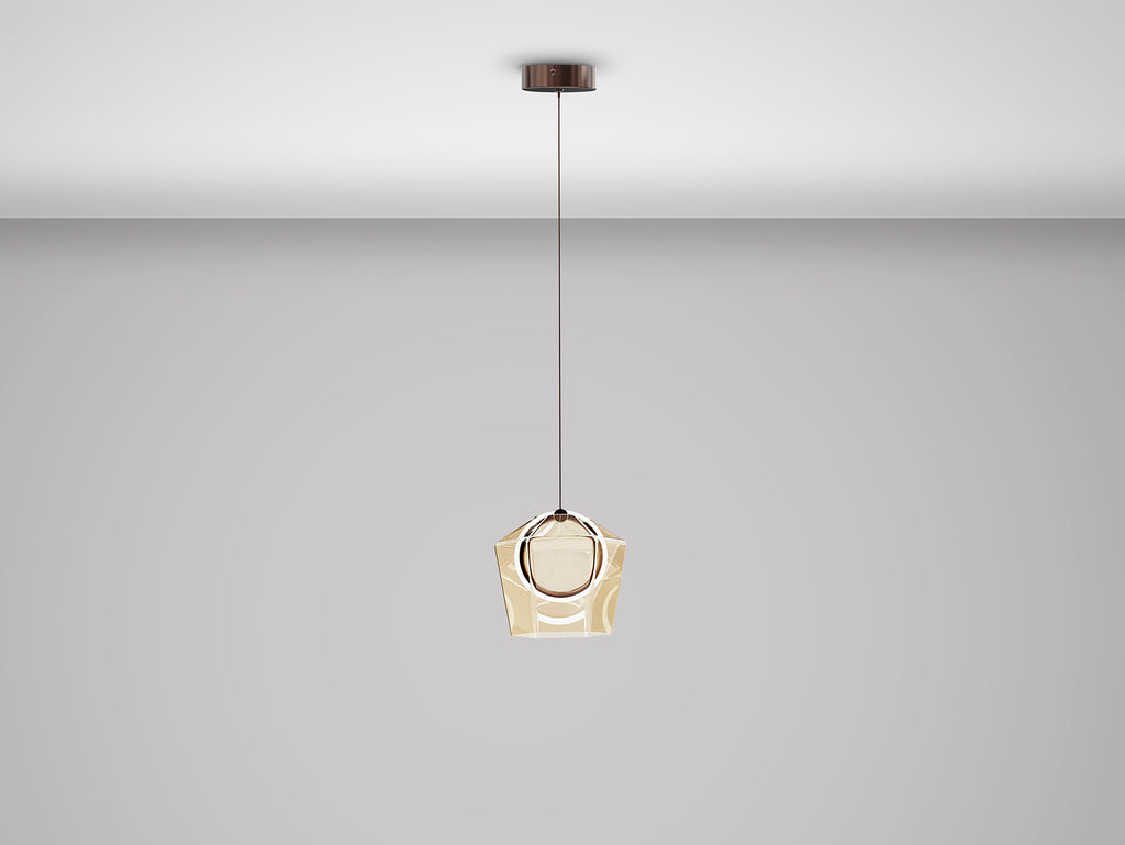 Lámpara colgante Ingrid en bronce oscuro y champán de Schuller con iluminación LED, cristal y diseño moderno para salón.