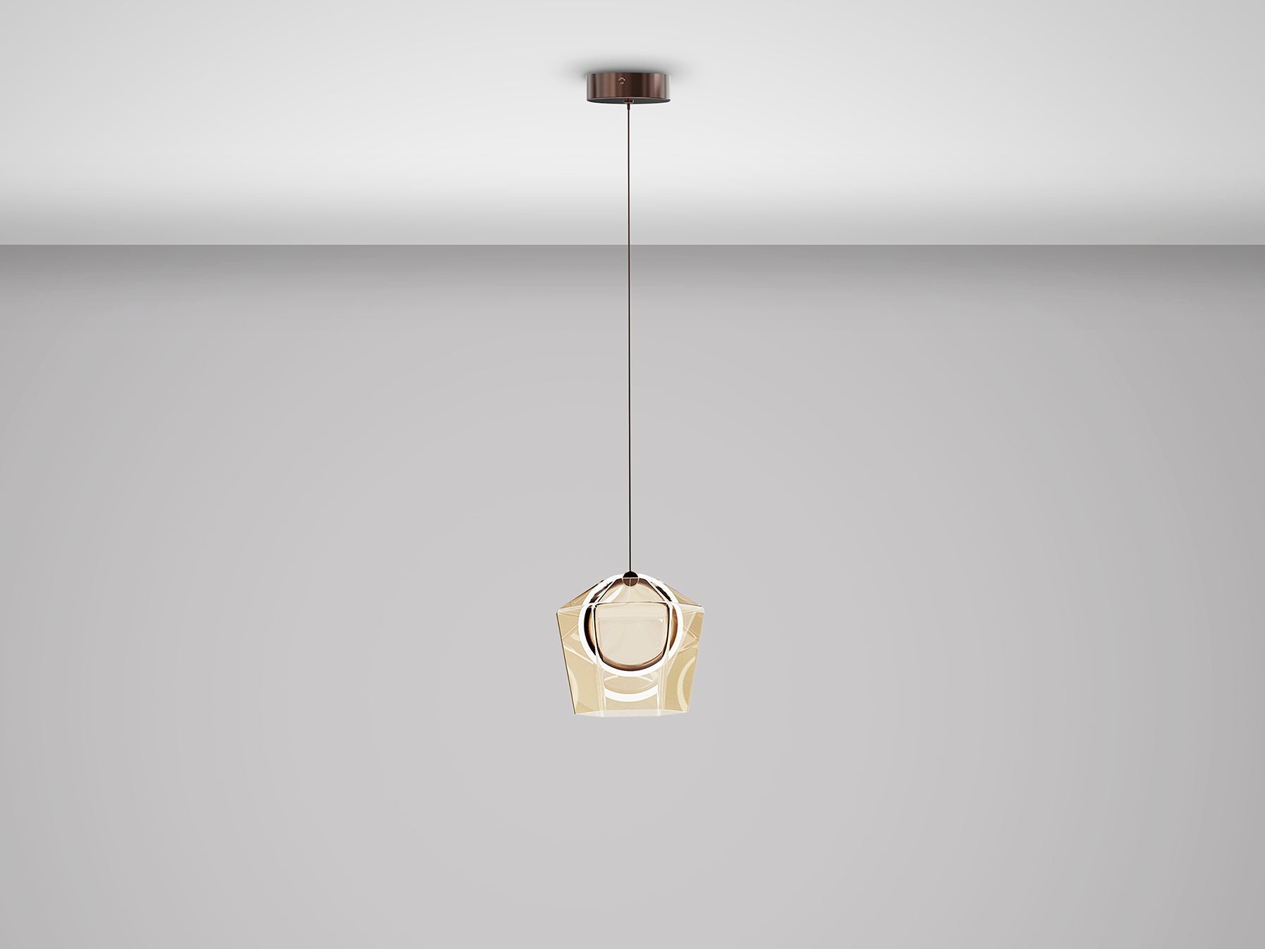 Lámpara colgante Ingrid en bronce oscuro y champán de Schuller con iluminación LED, cristal y diseño moderno para salón.