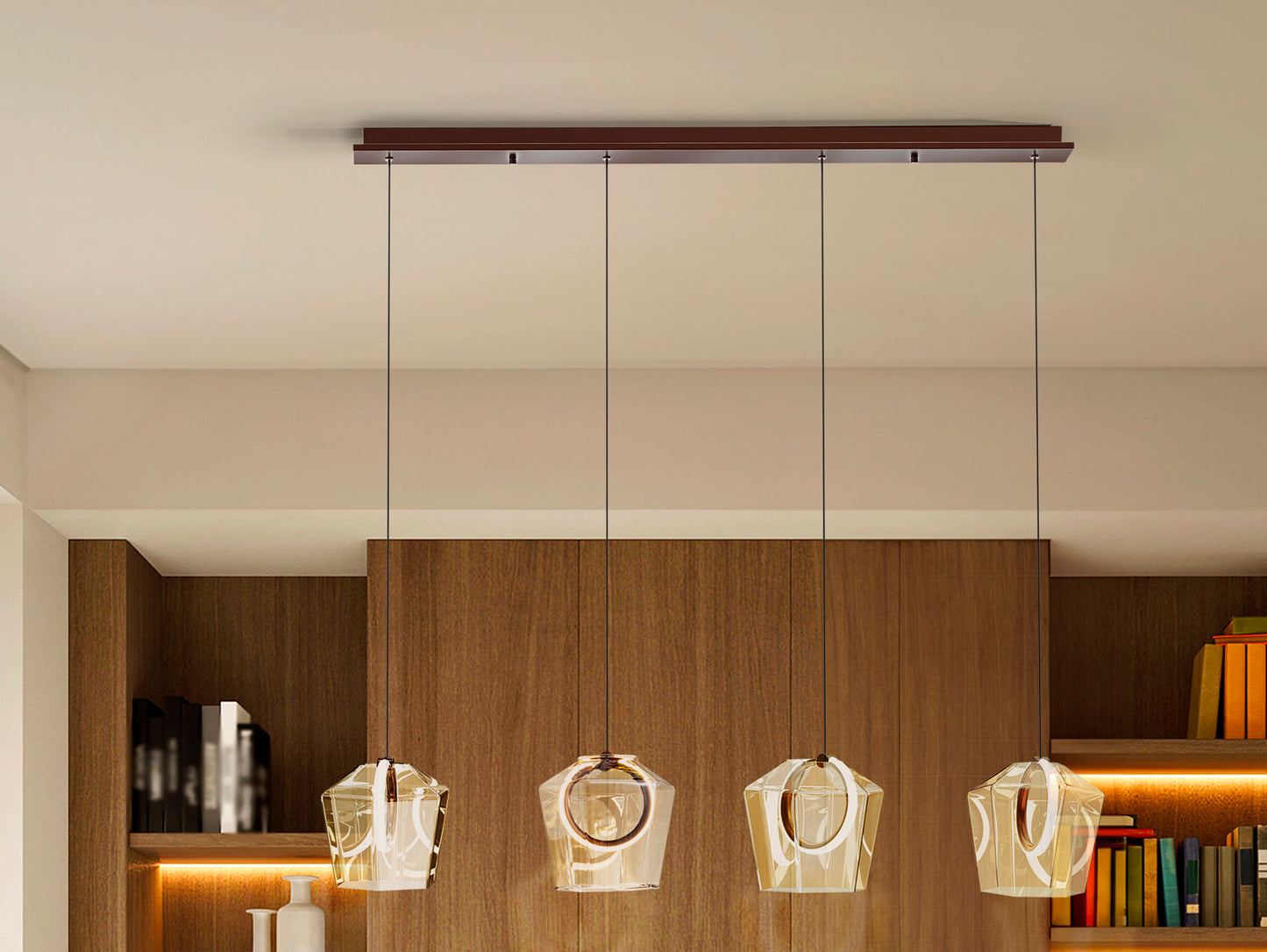 Lámpara de techo Ingrid con 4 luces LED en bronce champán, diseño moderno de Schuller para comedor o salón.