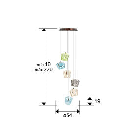 Medidas de Lámpara colgante Ingrid 6L en bronce oscuro de Schuller, diseño moderno con cristal de colores y luces LED para iluminación de comedor y salón.