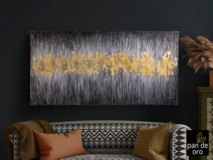 Cuadro acrílico Sendero 80x160 cm en oro de Schuller, arte moderno y contemporáneo para decoración de comedor y salón.