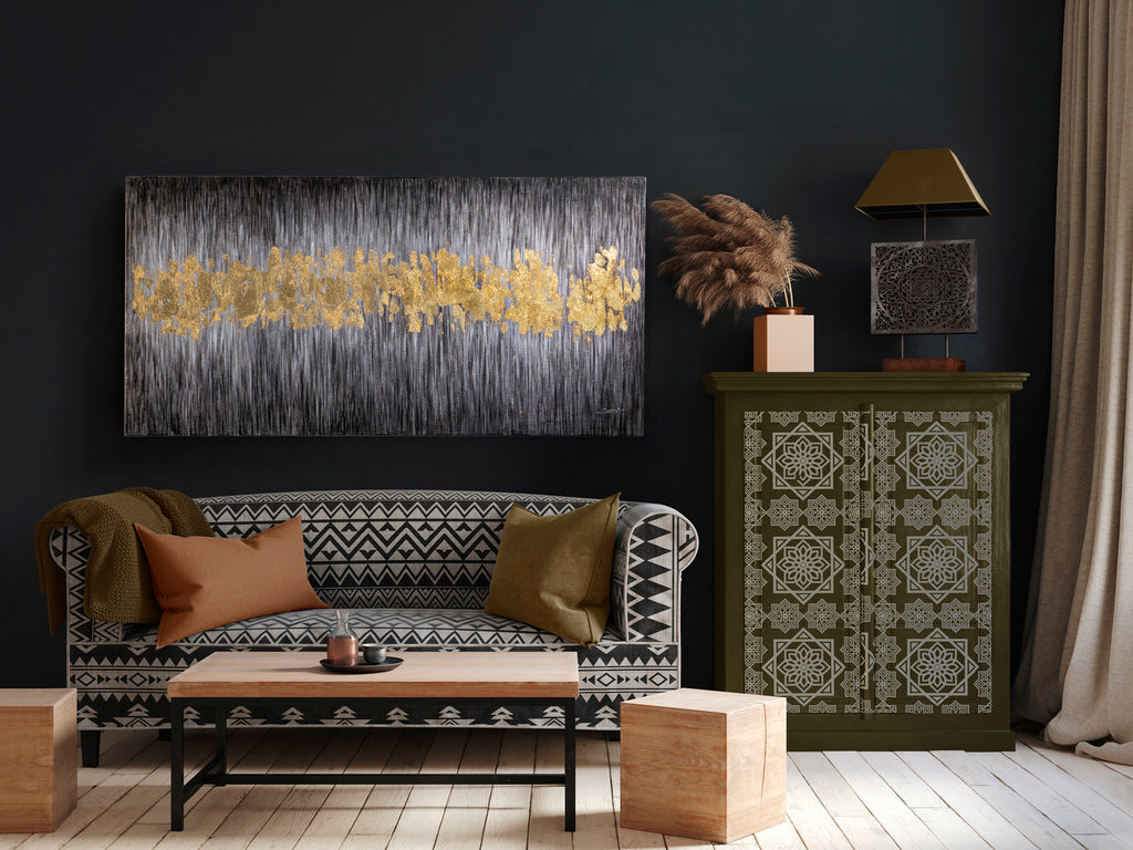 Cuadro acrílico Sendero 80x160 cm en oro, arte moderno Schuller, ideal para decoración salón y comedor.