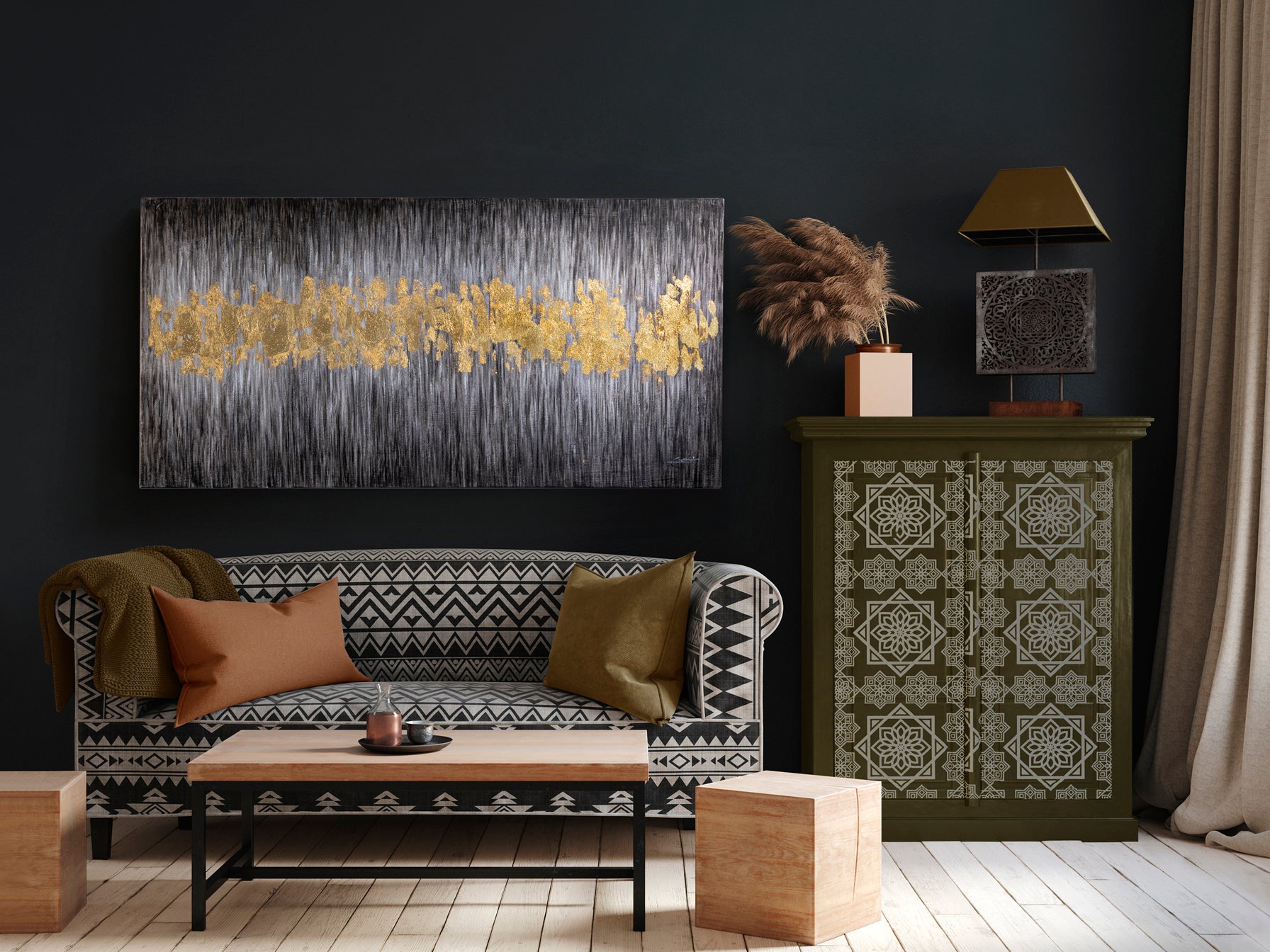 Cuadro acrílico Sendero 80x160 cm en oro, arte moderno Schuller, ideal para decoración salón y comedor.