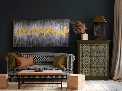 Cuadro acrílico Sendero 80x160 cm en oro, arte moderno Schuller, ideal para decoración salón y comedor.