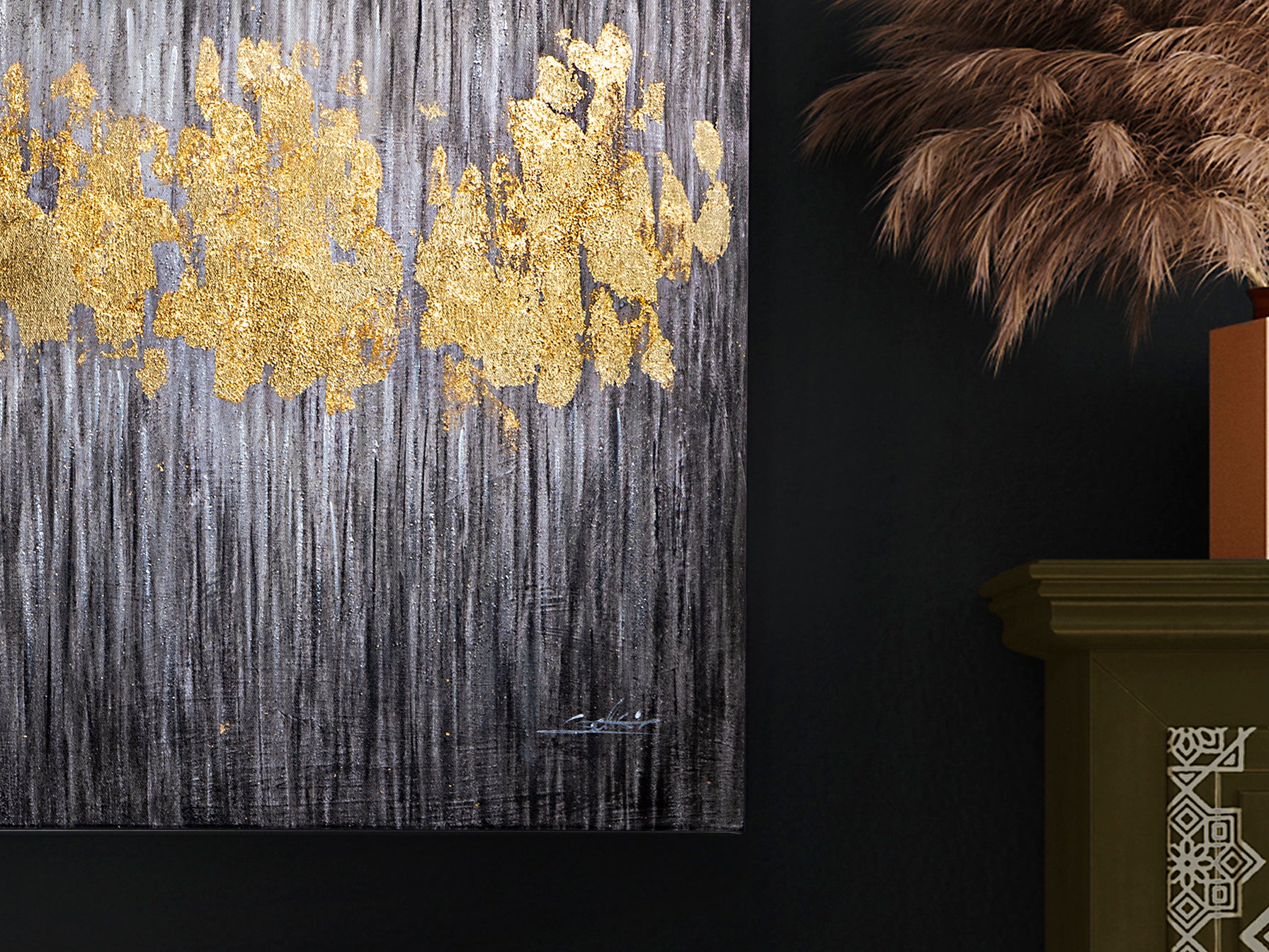 Cuadro acrílico Sendero 80x160 cm en oro, arte moderno Schuller 285179.