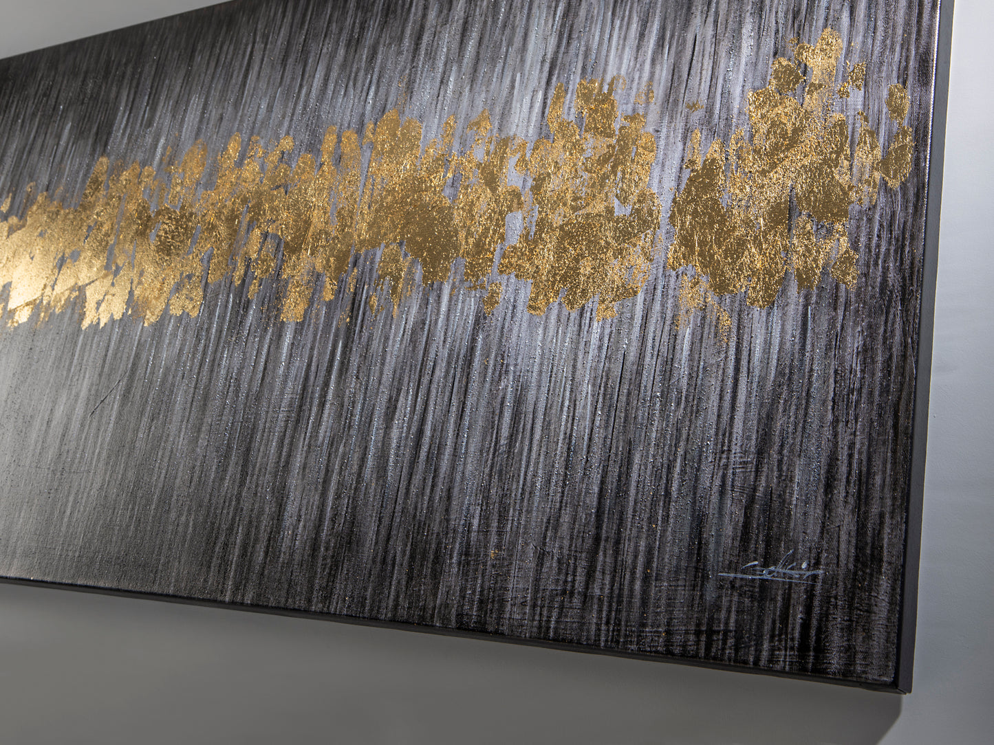 Cuadro acrílico Sendero 80x160 cm en oro, arte moderno de Schuller, ideal para decoración de comedor y salón.