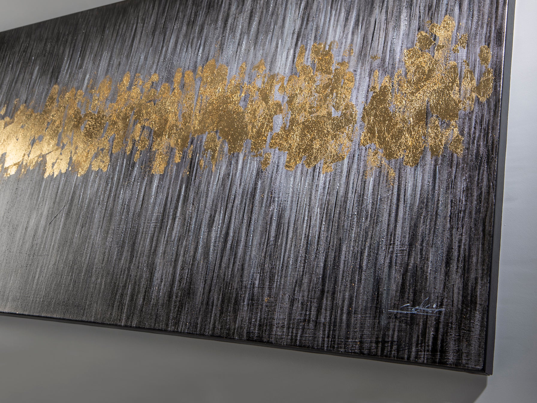 Cuadro acrílico Sendero 80x160 cm en oro, arte moderno de Schuller, ideal para decoración de comedor y salón.