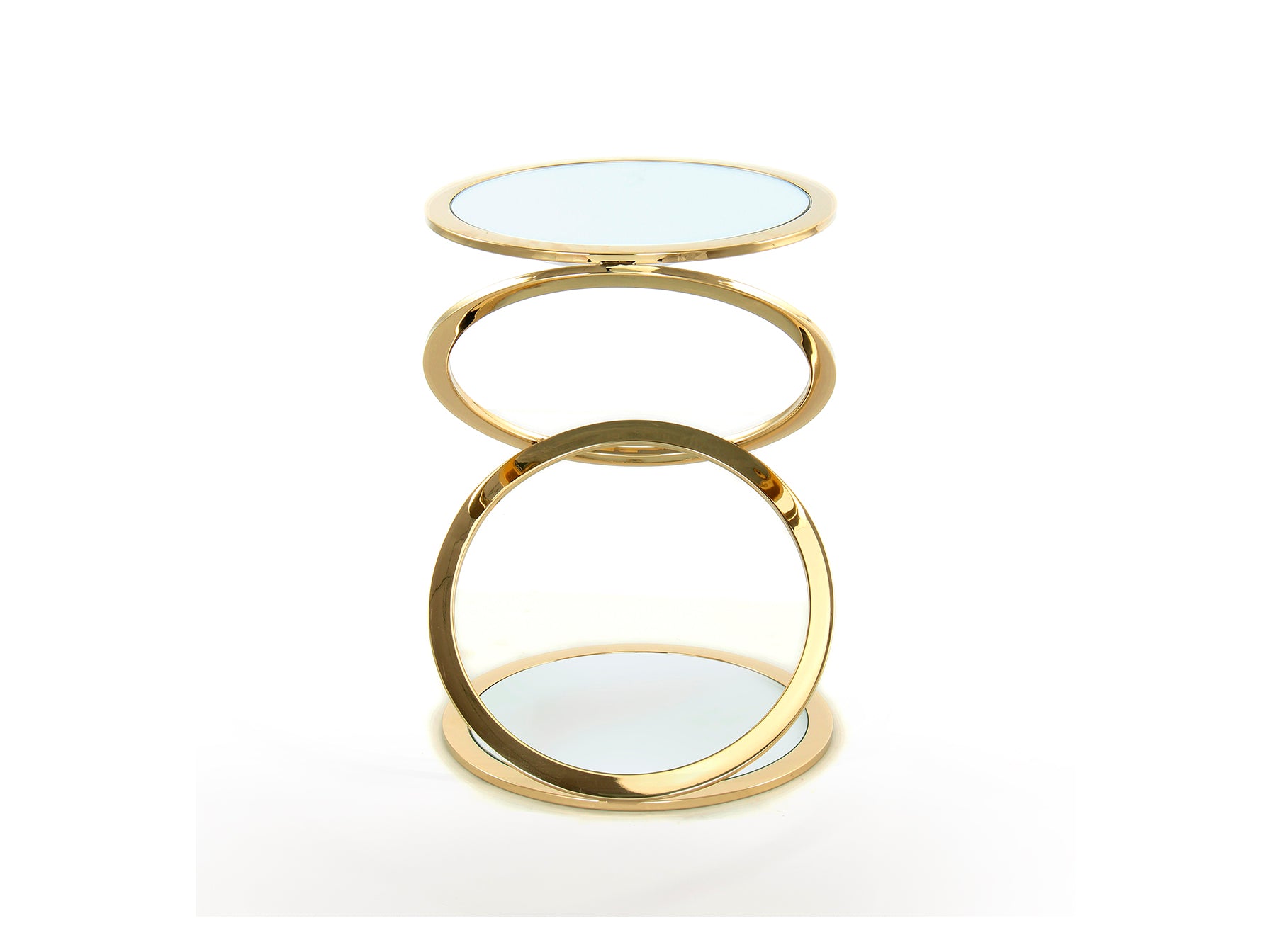 Mesa auxiliar redonda Aros Ø45 en oro brillo de Schuller, diseño Art Decó con acero y espejo para salón.