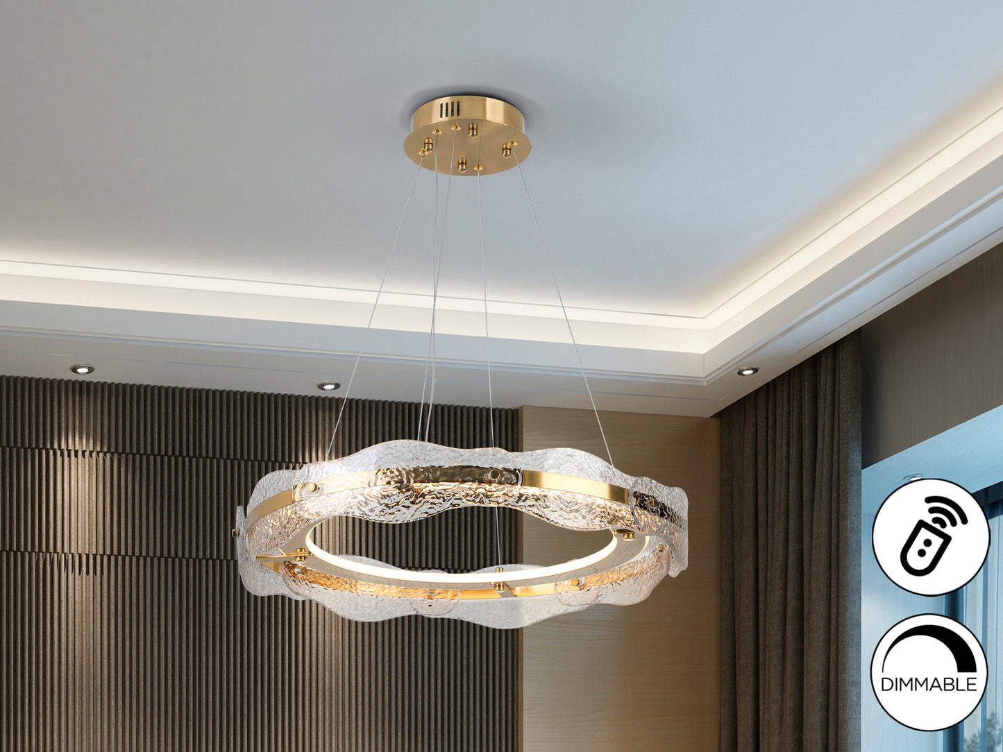 Lámpara de techo Lira Ø60 oro cepillado dimmable LED Schuller para salón moderno.