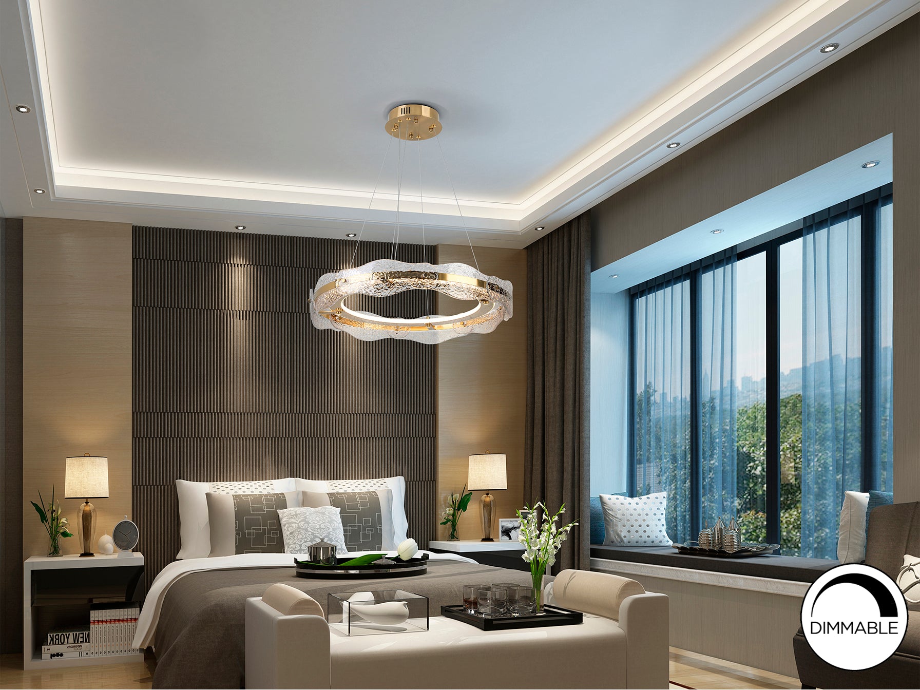 Lámpara de techo Lira Ø60 oro cepillado Schuller con LED integrado, diseño moderno y altura regulable.