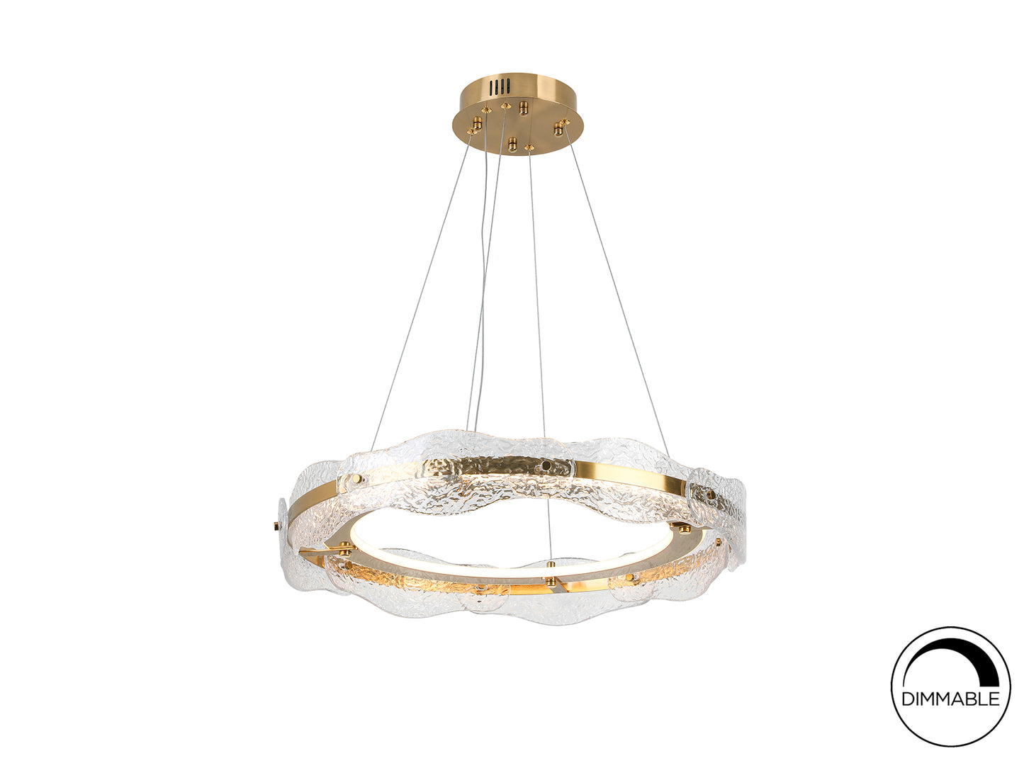 Lámpara de techo Lira Ø60 cm en oro cepillado de Schuller, con altura regulable, LED integrado y diseño moderno para comedor o salón.