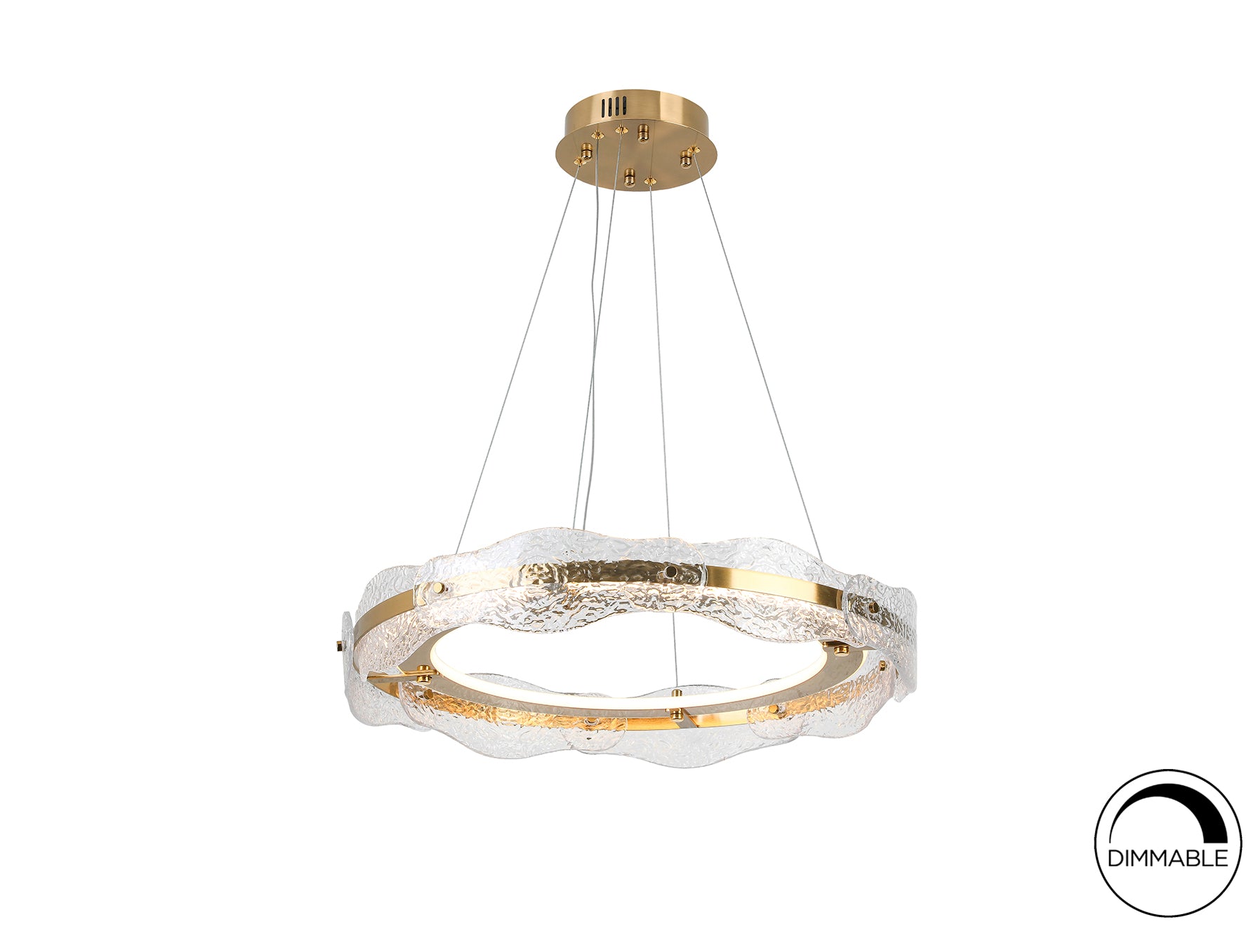 Lámpara de techo Lira Ø60 cm en oro cepillado de Schuller, con altura regulable, LED integrado y diseño moderno para comedor o salón.