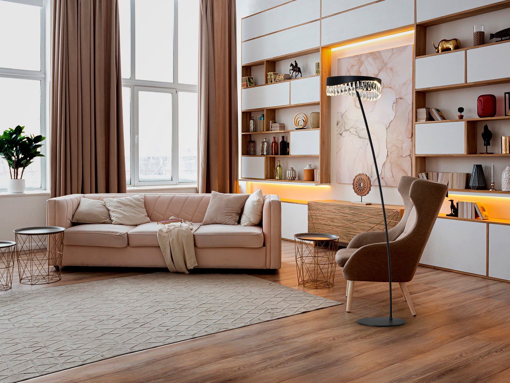 Lámpara de pie Selene negro mate Schuller con cristal facetado, iluminación LED y diseño moderno para salón.