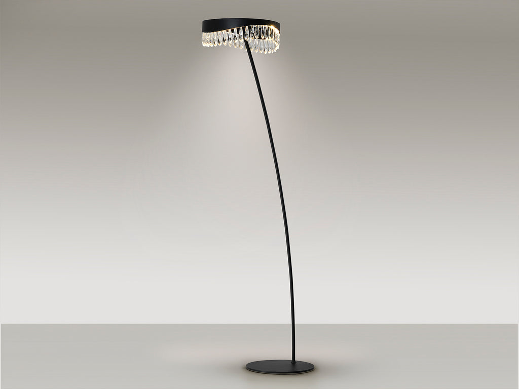 Lámpara de pie Selene negro mate Schuller con cristal facetado e iluminación LED, diseño moderno y glam para salón.