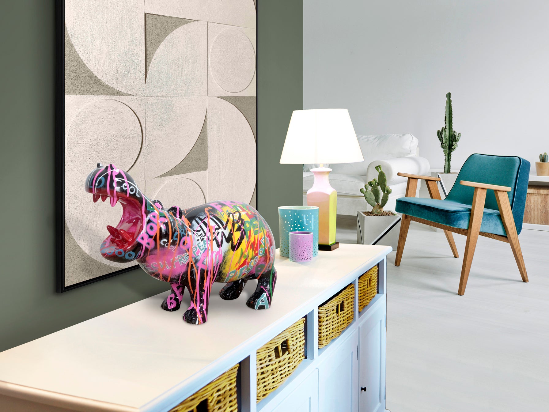 Figura decorativa Hippo grafiti multicolor de poliresina | Schuller 299329 - Diseño moderno y urbano para decoración del hogar.