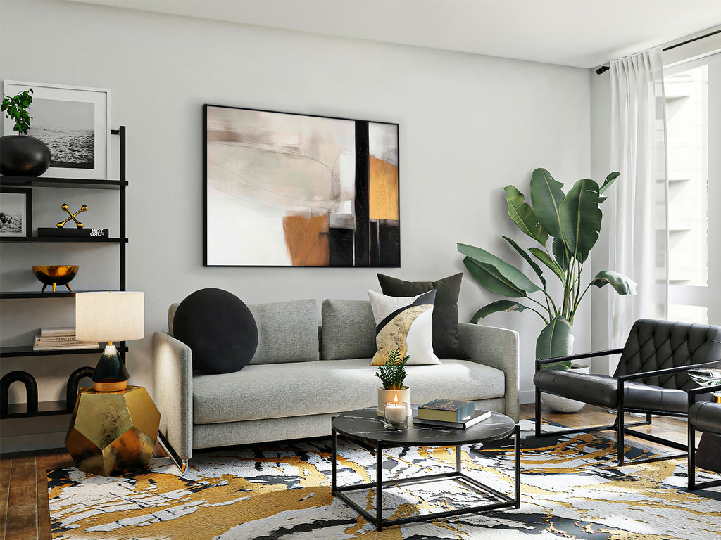 Cuadro acrílico Espacios I negro de Schuller: obra de arte abstracta contemporánea en gran formato para decoración de pared moderna y minimalista, con pintura acrílica sobre lienzo y poliestireno.