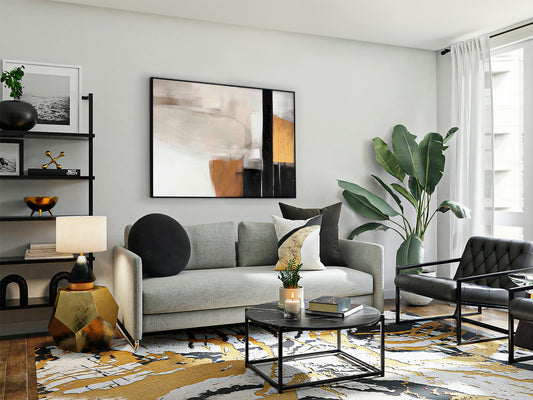 Cuadro acrílico Espacios I negro de Schuller: obra de arte abstracta contemporánea en gran formato para decoración de pared moderna y minimalista, con pintura acrílica sobre lienzo y poliestireno.