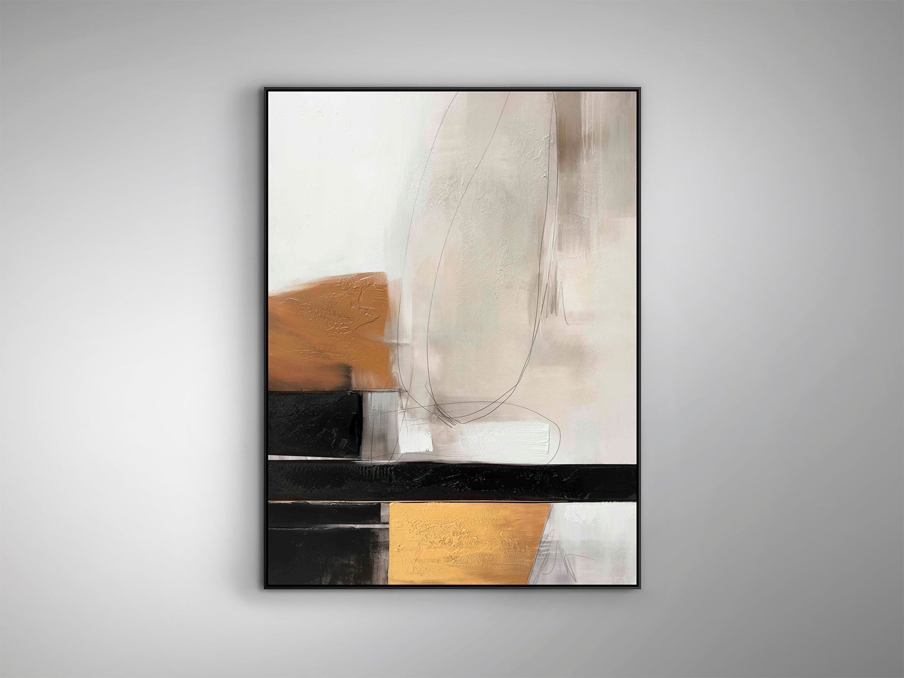 Cuadro acrílico Espacios I negro de Schuller, arte abstracto contemporáneo en gran formato para decoración de pared moderna y minimalista. Obra de arte pintada sobre lienzo con pintura acrílica y detalles en poliestireno.