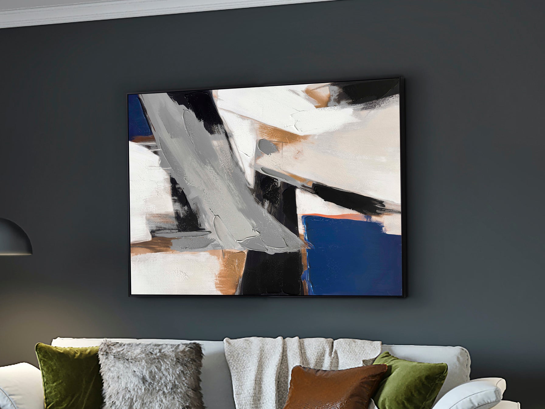 Cuadro decorativo ESPACIOS II negro de Schuller en lienzo, arte abstracto moderno para dormitorio y salón (90x120 cm) - Pintura acrílica con diseño Espacios II.