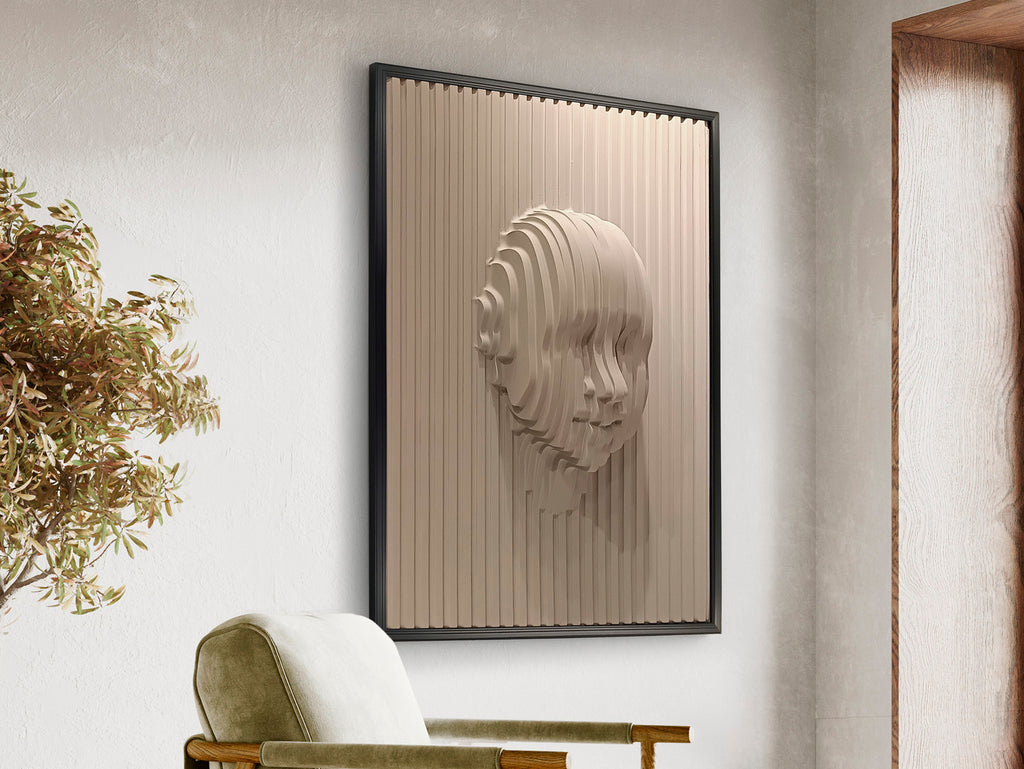 Bajorrelieve Decorativo BEIGE FACE Beige y Negro de Schuller (302050) en salón moderno. Arte de pared minimalista en DM y poliestireno con diseño contemporáneo en tonos beige y negro. Ideal para decoración.