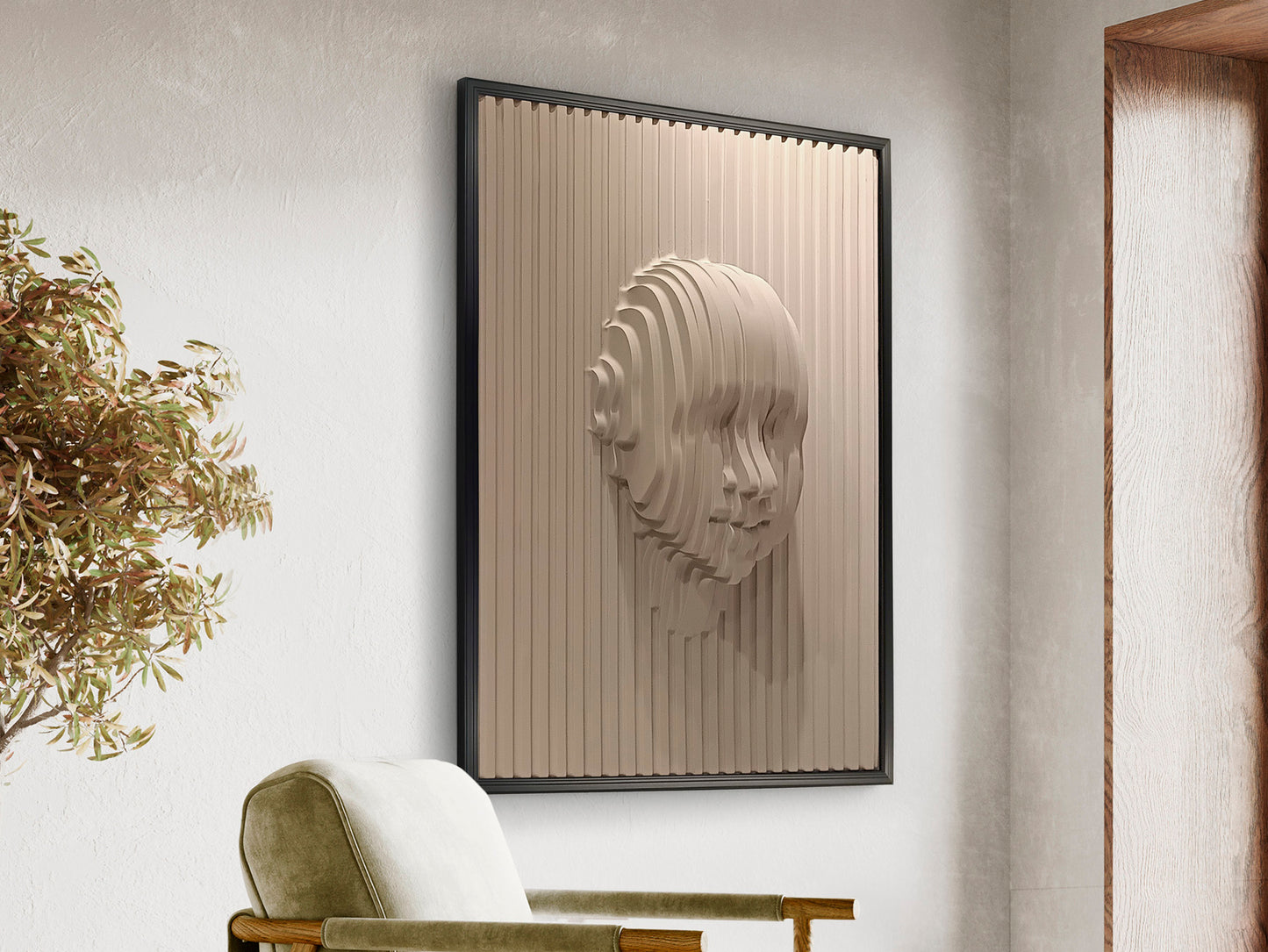 Bajorrelieve Decorativo BEIGE FACE Beige y Negro de Schuller (302050) en salón moderno. Arte de pared minimalista en DM y poliestireno con diseño contemporáneo en tonos beige y negro. Ideal para decoración.