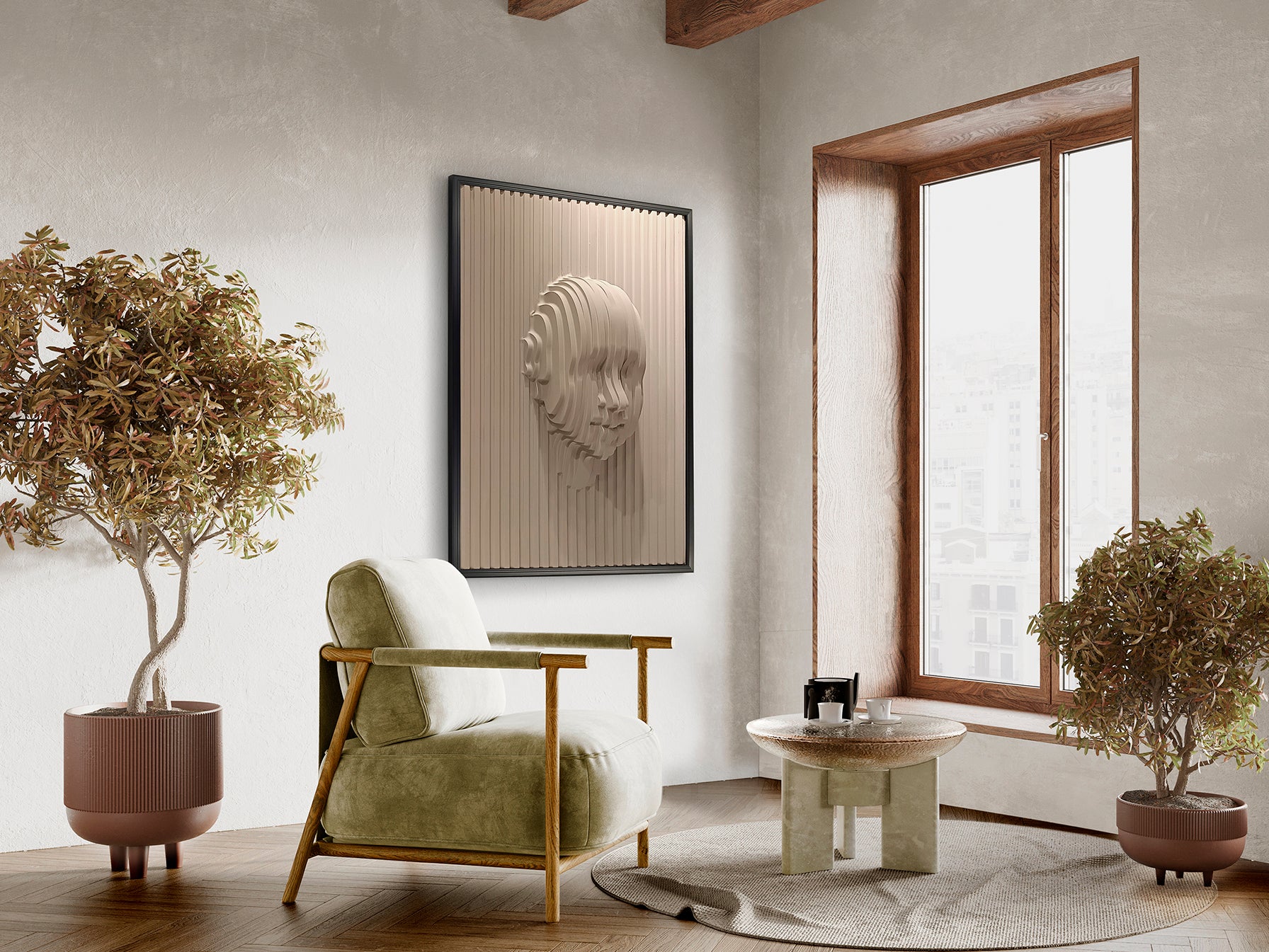 Bajorrelieve decorativo BEIGE FACE beige y negro de Schuller en salón: Arte de pared contemporáneo minimalista de DM y poliestireno con diseño abstracto en tonos beige y negro.