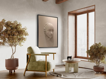 Bajorrelieve decorativo BEIGE FACE beige y negro de Schuller en salón: Arte de pared contemporáneo minimalista de DM y poliestireno con diseño abstracto en tonos beige y negro.