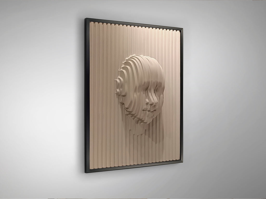 ```
Bajorrelieve decorativo BEIGE FACE de Schuller en beige y negro, ideal para la decoración de salones. Fabricado en DM y poliestireno con diseño minimalista y contemporáneo.
```