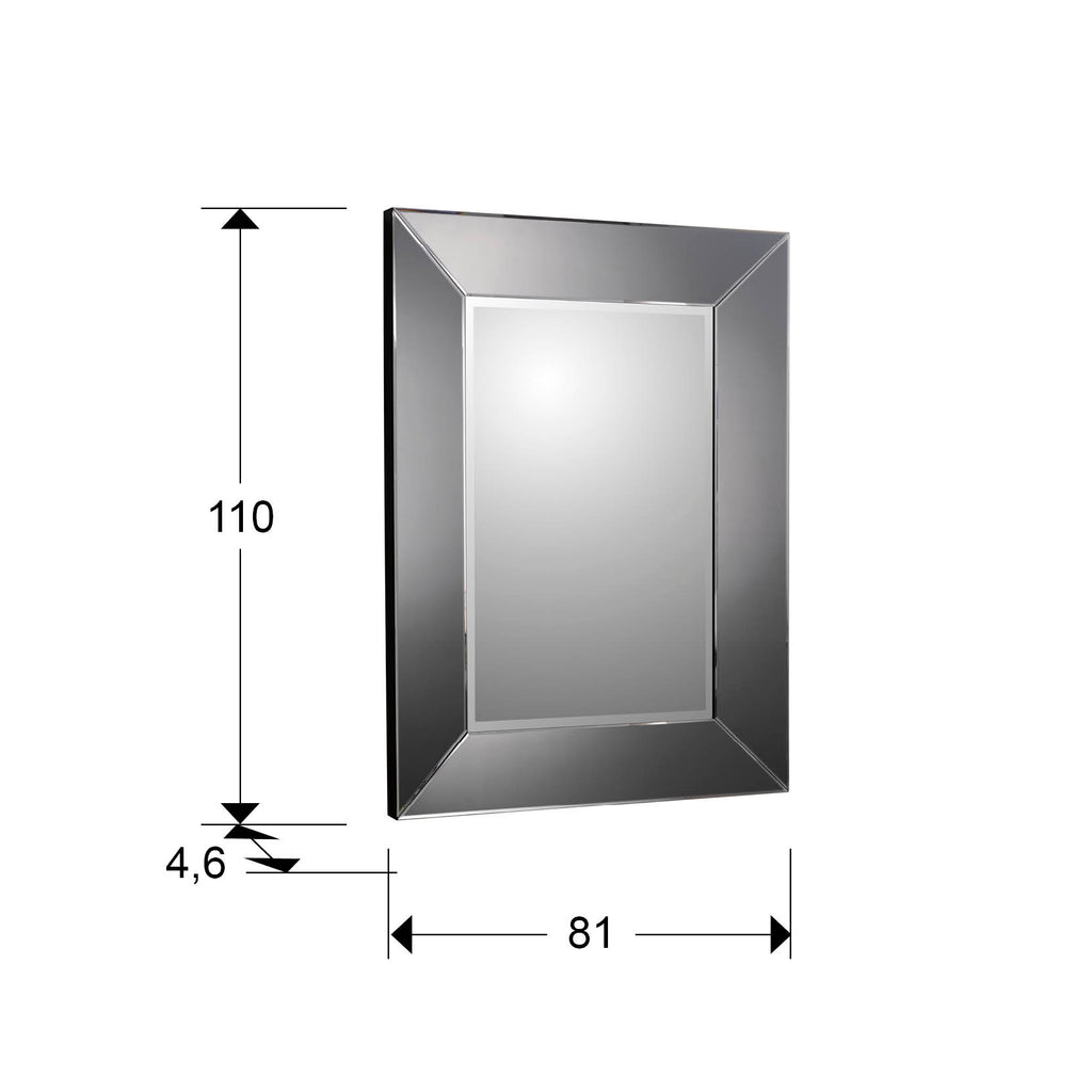 Medidas de Espejo Decorativo Roma 110x81 con Marco Smoke de Schuller en dormitorio, ideal para recibidor o salón. Diseño moderno con cristal y acabado smoke.