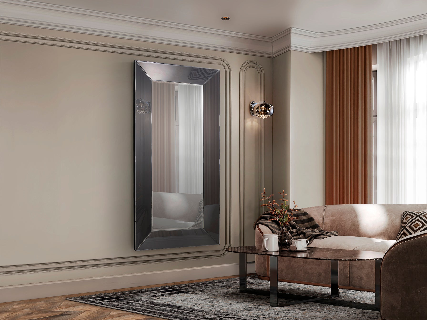 Espejo ROMA 185x90 Smoke decorativo de Schuller en recibidor o salón. Cristal y DM, estilo contemporáneo. Colección Roma.