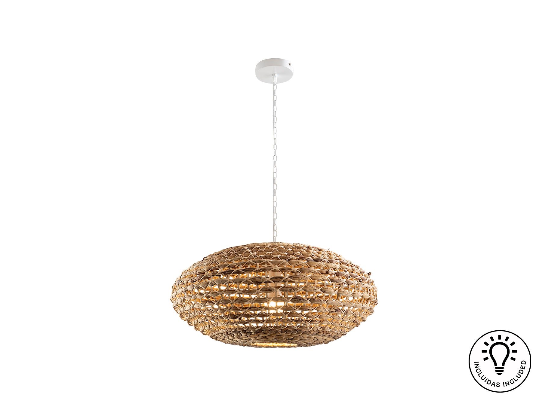 Lámpara colgante Nana blanco y natural de ratán y jacinto de agua, ideal para comedor, dormitorio o salón. Diseño boho chic y nórdico de Schuller.