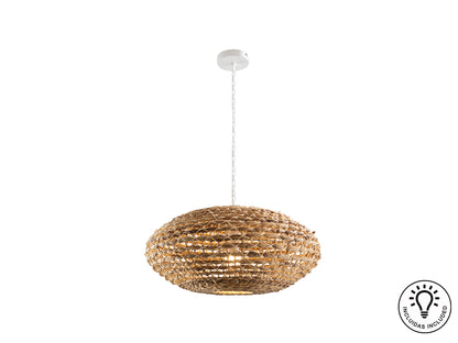 Lámpara colgante Nana blanco y natural de ratán y jacinto de agua, ideal para comedor, dormitorio o salón. Diseño boho chic y nórdico de Schuller.