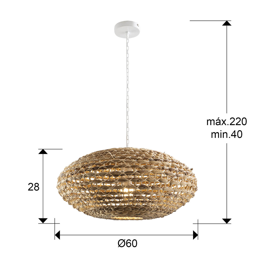 Medidas de Lámpara colgante Nana blanca y natural de ratán para comedor o salón, estilo nórdico y boho chic. Ideal para dormitorio, con diseño rústico moderno de Schuller.