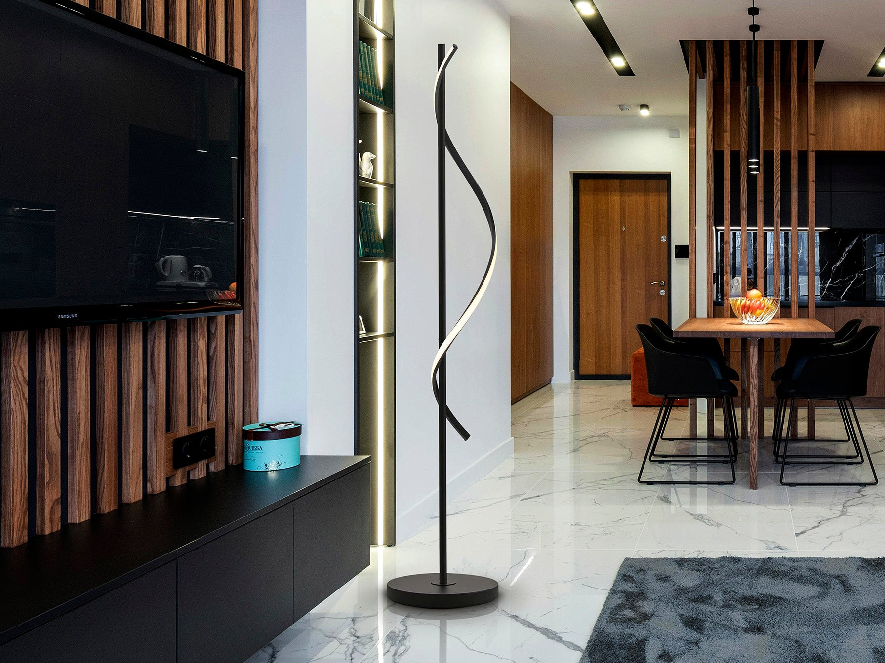 Lámpara de pie Boa negra de metal con diseño moderno y LED integrado, ideal para salón y estudio. Colección Schuller, acabado negro mate.