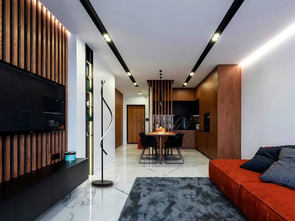 Lámpara de pie Boa negra de metal con diseño moderno y LED integrado para salón y estudio. Colección Schuller, acabado negro mate.