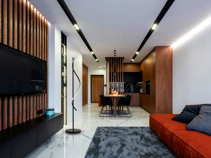 Lámpara de pie Boa negra de metal con diseño moderno y LED integrado para salón y estudio. Colección Schuller, acabado negro mate.