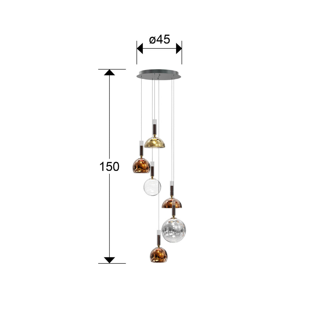 Medidas de Lámpara de techo Charlize 6 luces gris oscuro de Schuller, colgante moderno con LED integrado, ideal para comedor y salón. Diseño contemporáneo de aluminio y cristal, regulable en altura.