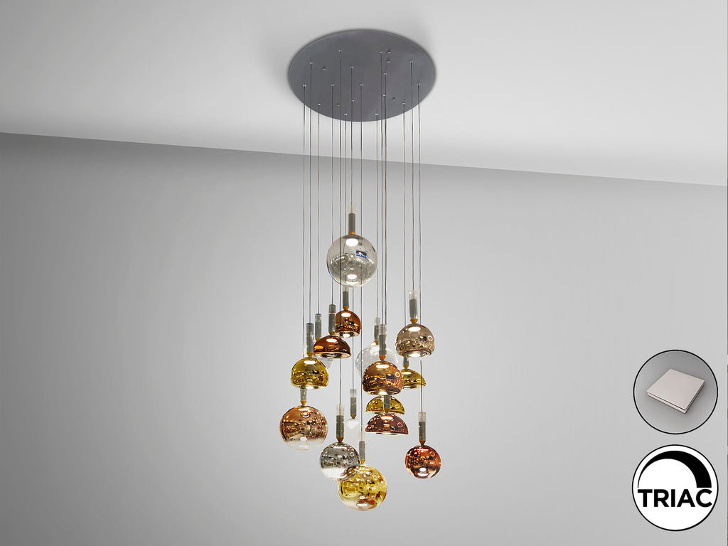 Lámpara de techo Charlize 16 luces multicolor de Schuller, diseño Art Déco con estructura de aluminio gris oscuro, ideal para salón y comedor moderno con iluminación LED y cristal.