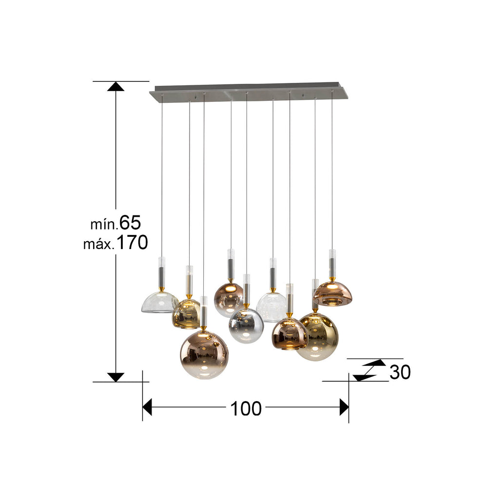 Medidas de Lámpara de techo CHARLIZE 9 luces gris oscuro Schuller para salón, moderna con LED, cristal y aluminio regulable (312356)