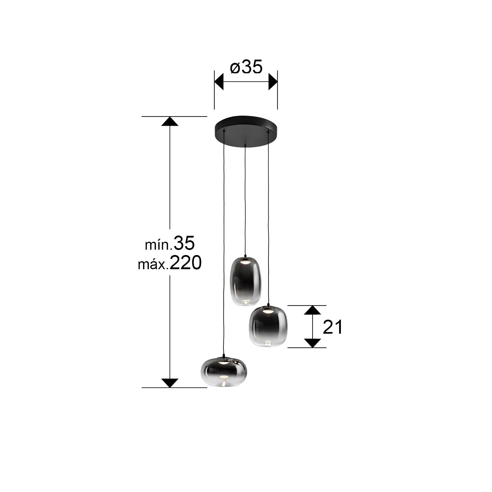 Medidas de Lámpara de techo ONICE negro mate smoke para comedor o salón moderno de Schuller (314213) con cristal y metal.