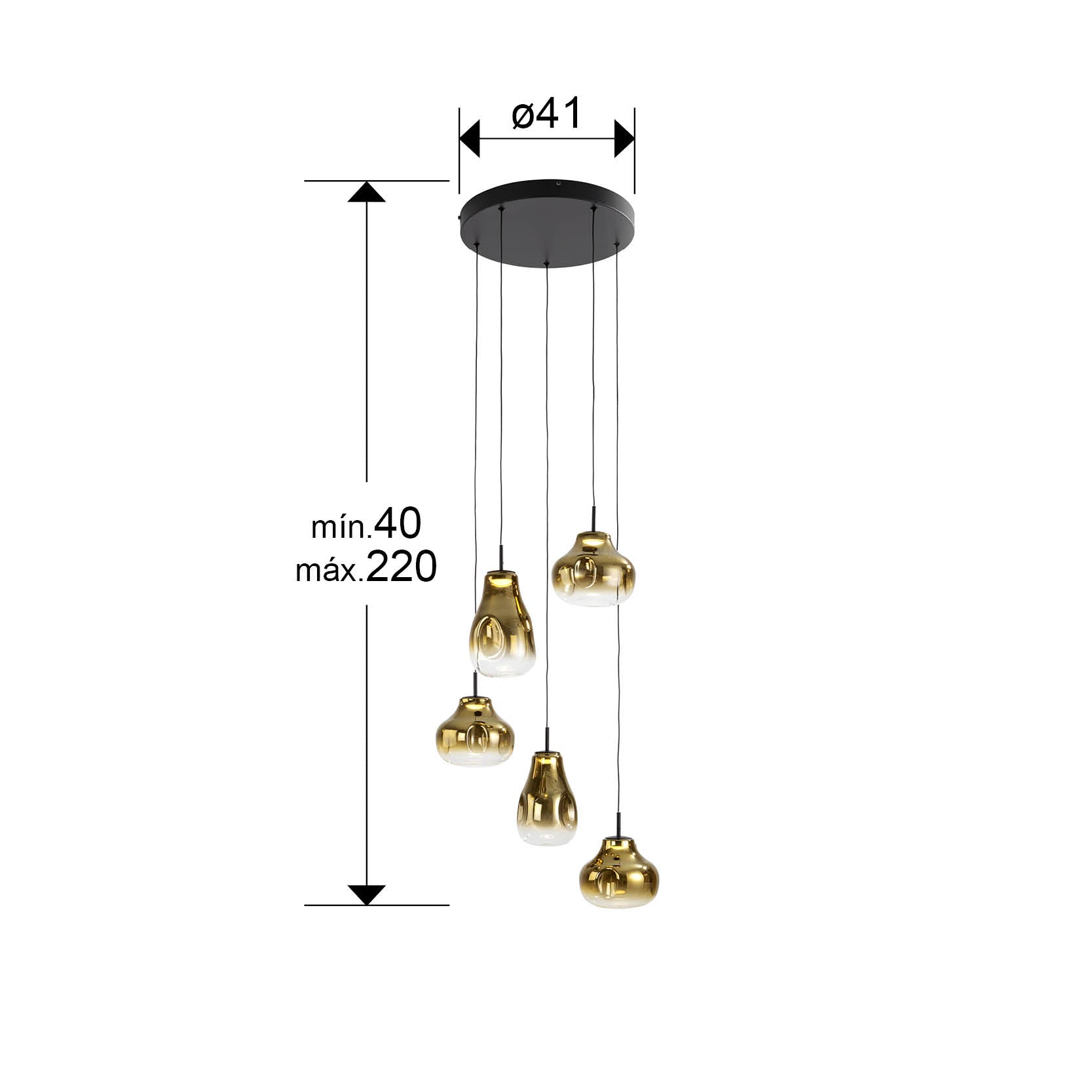 Medidas de Lámpara de techo Aledis 5 luces negro-dorado de Schuller en salón moderno, regulable en altura, con detalles en cristal y metal.