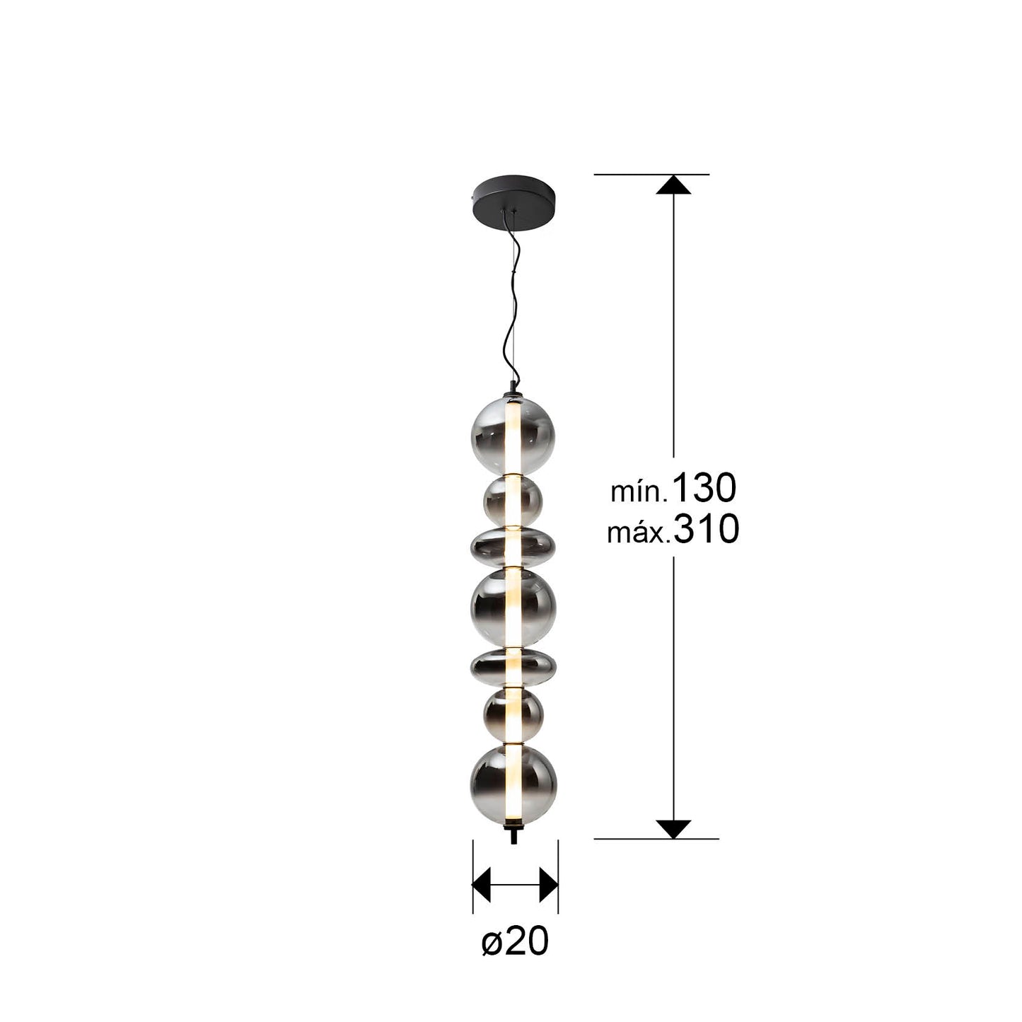 Medidas de Lámpara colgante Gladis negra con cristal gris smoke, ideal para comedor o salón moderno. Marca Schuller.